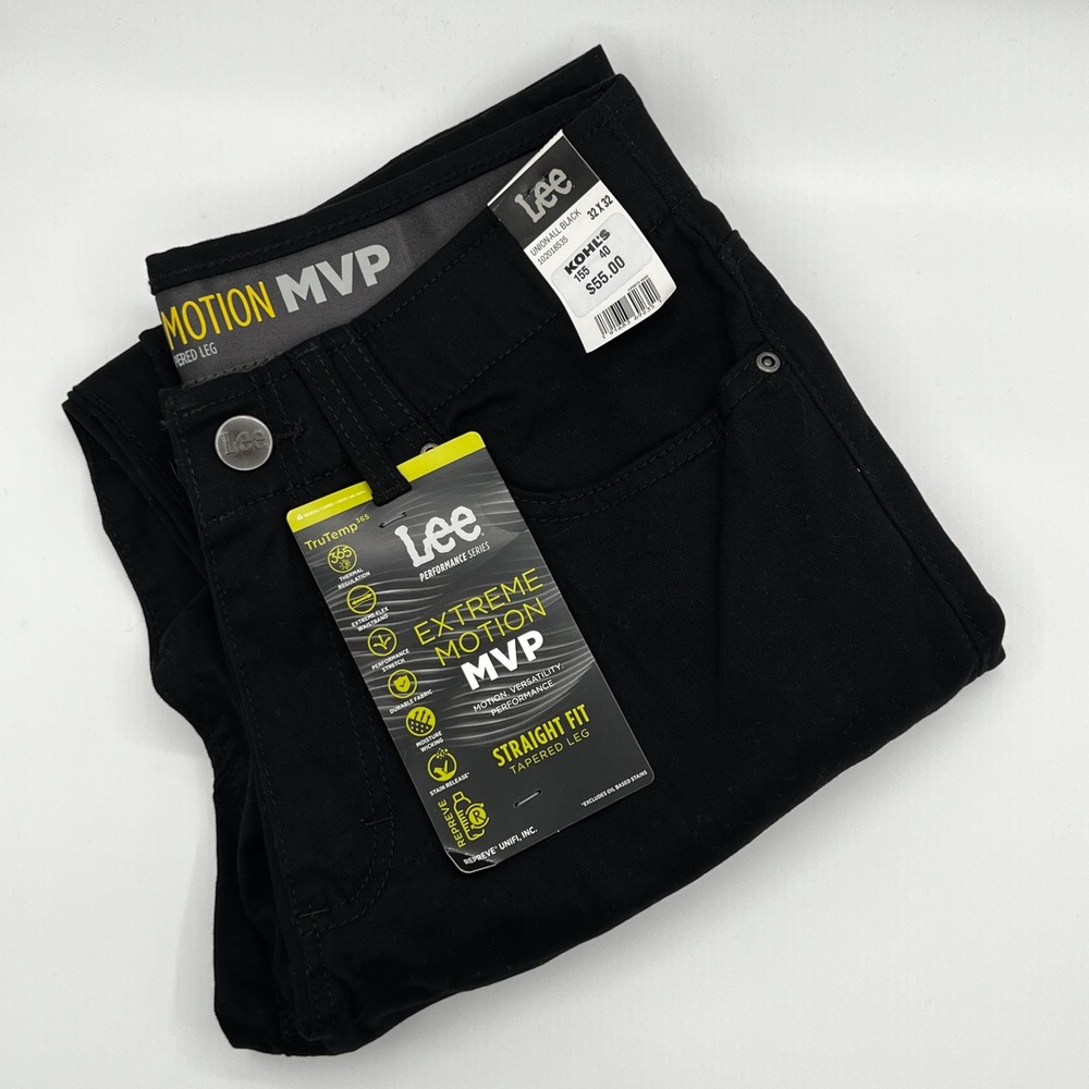 Lee Chino Pants Mens 32x32 Extreme Motion MVP Black New Straight Fit Tapered Leg